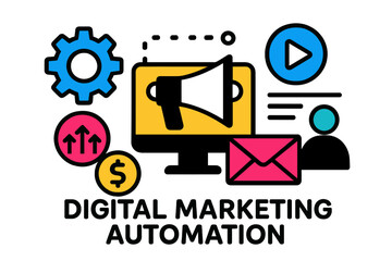 Poster - Modern vector illustration showcasing digital marketing automation tools and concepts with vibrant colors and clear icons for effective communication