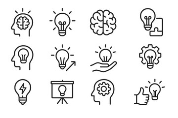 Poster - Creative vector illustration showcasing various light bulbs and brain icons depicting innovation and ideas in a modern design setting