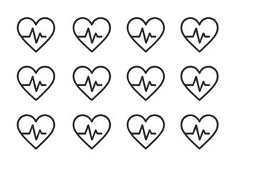 Poster - Simple modern vector illustration featuring heart symbols with heartbeat lines arranged in a grid pattern on a clean background