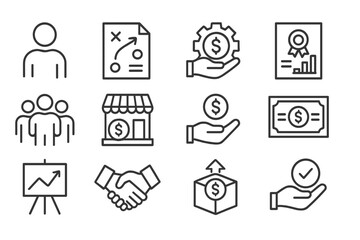 Poster - Vector illustration depicting business concepts such as strategy, finance, teamwork, and growth in a modern, clean style