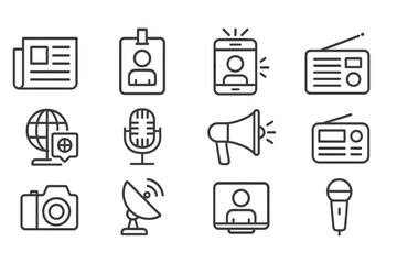 Poster - Vector art featuring media tools like newspapers, microphones, and cameras, all in a structured design representing communication