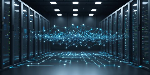 Poster - Modern data center with server racks illuminated by cool lighting showcasing network connectivity