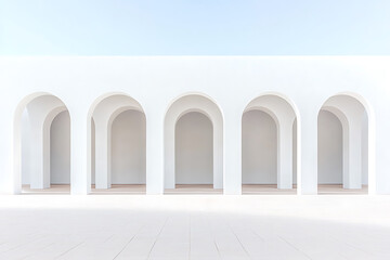 Aufkleber - White Arches: Minimalist Architecture and Design. A sequence of uniform arches in a sunlit, stark white space evokes serenity and architectural precision.