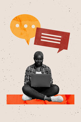 Aufkleber - Creative design composite trend collage of young lady sit down work laptop speech text bubble online message note communication texting