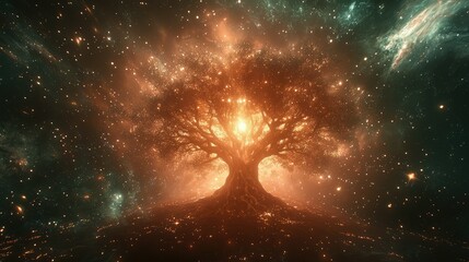 Wall Mural - The Big Tree of Life glowing in the center of an ethereal landscape, its roots deeply embedded in the soil while its branches extend into the stars, uniting the physical and spiritual worlds.
