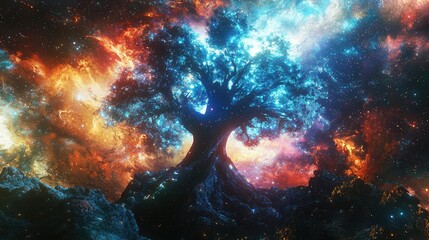 Wall Mural - The Big Tree of Life rising through a vibrant cosmic landscape, with its trunk glowing and connecting both the terrestrial and celestial spheres.