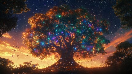 Wall Mural - The Big Tree of Life standing in a mystical forest, its branches glistening with stars, connecting the world of nature and the vast cosmos.