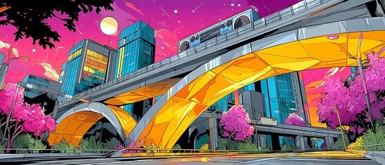 Poster - Vibrant City Pop Overpass, A stylized 1980s anime scene featuring an orange-lit highway overpass, bold outlines, solid colors, evoking a nostalgic urban atmosphere with distant music.
