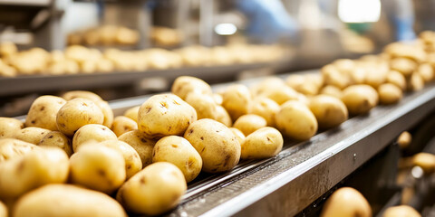 Poster - Processing potatoes on a conveyor belt in factory setting Generative AI