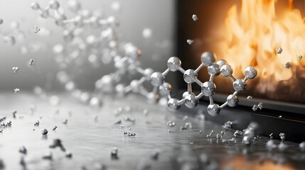 Poster - Silver molecular structure with fire in the background.