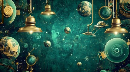 Poster - Golden lamps illuminate a cosmic steampunk scene.