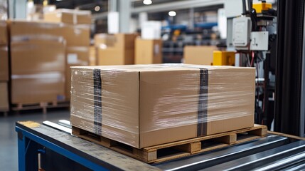 Poster - Cardboard box traveling along warehouse conveyor, highlighting industrial logistics and automated shipping workflow