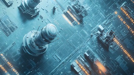 Poster - Futuristic cityscape on a metallic circuit board.