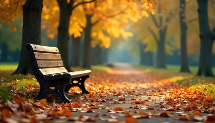 Wall Mural - Empty park bench in autumn, leaves scattered around , cold, environment