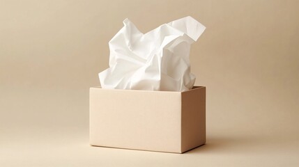 Poster - White crumpled wrapping paper emerging from beige gift box against neutral backdrop