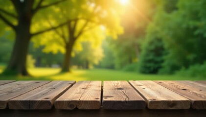 Wall Mural - Rustic wooden bench against a blurred natural background , trees, green, tranquil