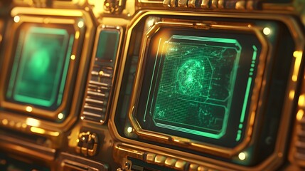 Poster - Close-up of futuristic gold-toned console displays.