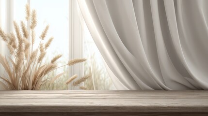 Poster - Serene Interior Setting with Soft Drapes and Natural Dried Plants by Window with Soft Light and Wooden Surface