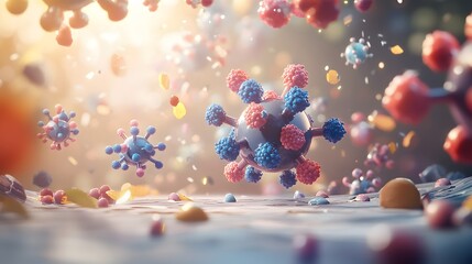Poster - Colorful microscopic particles in motion against a light background.