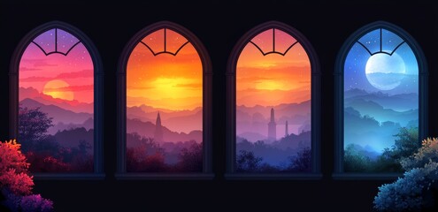 Wall Mural - Pixel Art Depiction of Four Windows Showcasing a Vibrant Sunset, Sunrise, Twilight, and Moonlit Night Landscape