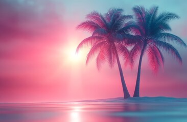 Wall Mural - Pixel Art Palm Trees at Sunset on a Pink and Blue Beach