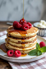 Poster - Delicious Stack of Pancakes with Fresh Raspberries and Syrup