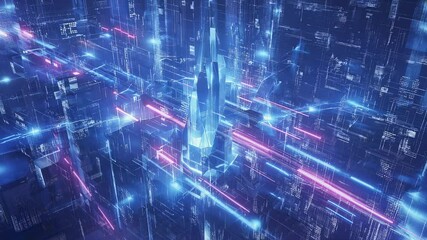 Fototapete - Cyberpunk Cityscape with Neon Lights and Data Streams