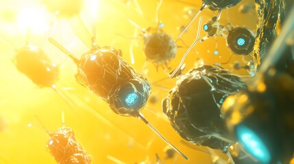 Poster - Futuristic microscopic organisms in vibrant yellow light.