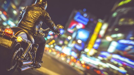 Poster - A biker is riding his motorcycle at night in a megapolis city, wearing a helmet, as depicted in dark futuristic cyberpunk art with neon lights and a retrofuturistic sci-fi theme