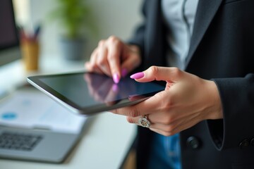 Poster - Elegant Businesswoman's Hand Using Digital Tablet: A Stylish and Modern Approach to Workplace Technology