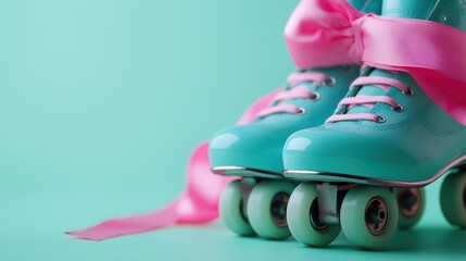 Poster - Old fashioned roller scatters with silk ribbon image render 3d. Fun and activity equipment. Boots with wheels on green background realistic graphic. Conceptual idea, visual storytelling