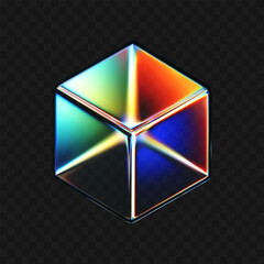 Wall Mural - 3D crystal glass cube with refraction and iridescent effects isolated on dark background. Render transparent rotating glass box with neon dispersion light and rainbow gradient. 3d vector figure