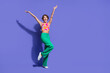 © deagreez - Photo of glad cheerful carefree woman wear trendy summer clothes glad summer sale empty space isolated on purple color background