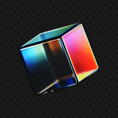 Wall Mural - 3d crystal glass cube with refraction and iridescent effects isolated on dark background. render tra