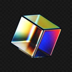 Wall Mural - 3D crystal glass cube with refraction and iridescent effects isolated on dark background. Render transparent rotating glass box with neon dispersion light and rainbow gradient. 3d vector figure