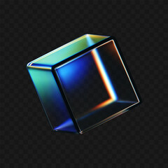 Wall Mural - 3d crystal glass cube with refraction and iridescent effects isolated on dark background. render tra