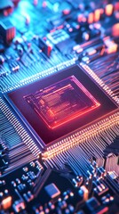 close-up of processor, circuit board, glowing red, tech background, website header