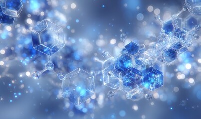 Poster - A close-up view of blue molecular atoms structured on a blue liquid serum background, representing cosmetics skincare or human skin treatment and solution, as depicted in a 3D illustration rendering