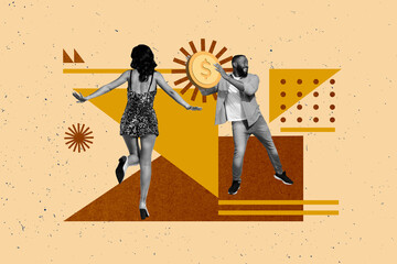 Poster - Trend image collage of people with golden coin on yellow background
