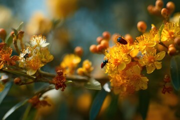 Poster - Close Up of Yellow Flowers with Red Beetles, Symbolizing Nature's Beauty and Environmental Awareness in a Springtime Scene : Generative AI