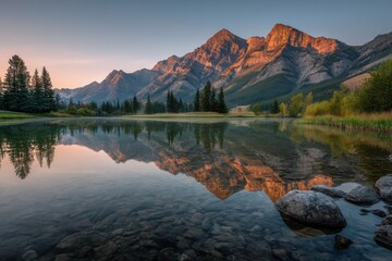 Poster - Mountain Reflection on Calm Lake at Sunrise, Showcasing Natural Beauty and Environmental Awareness for Travel and Tourism : Generative AI