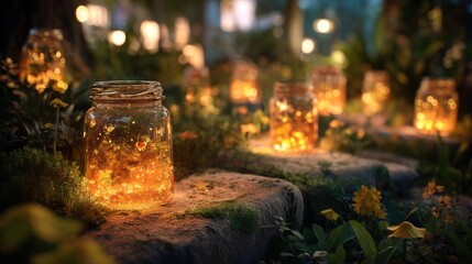 Poster - Glowing Jars in Enchanted Garden at Dusk, Symbolizing Magical Moments and Peaceful Retreats for Wellness and Relaxation : Generative AI