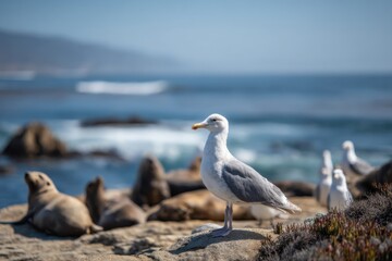 Poster - Seagull Standing on Rocky Coastline Overlooking Ocean, Symbolizing Coastal Tourism and Marine Wildlife Conservation Efforts : Generative AI