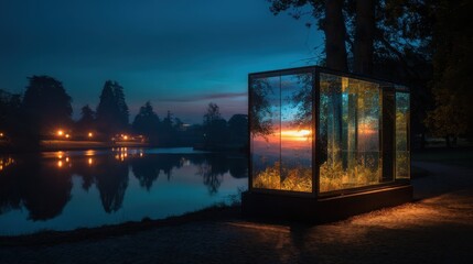 Poster - Illuminated Glass Structure Reflecting Sunset Over Tranquil Lake at Dusk, Evoking Serenity and Environmental Awareness : Generative AI