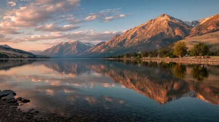Poster - Grand Teton Mountain Range Reflected in Calm Lake at Sunset, Inspiring Travel and Outdoor Adventure : Generative AI