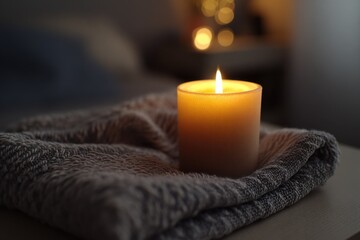 Aufkleber - Candlelight Illuminating a Folded Blanket on a Table, Evoking Serenity and Relaxation for a Wellness Retreat : Generative AI