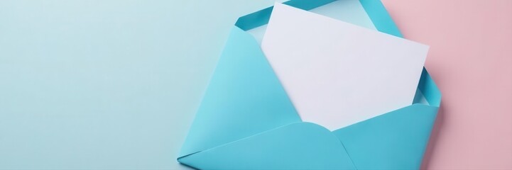 Blue envelope, open, letter inside, pastel background, overhead, corporate, business