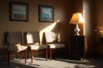 Poster - Comfortable waiting area with natural light illuminating cozy chairs and decorative lamp near artwork on walls