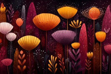 Aufkleber - Colorful abstract flowers created digitally with vibrant hues and unique shapes in a whimsical garden landscape