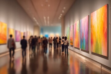 Poster - Art enthusiasts explore colorful abstract paintings in modern gallery on a vibrant evening